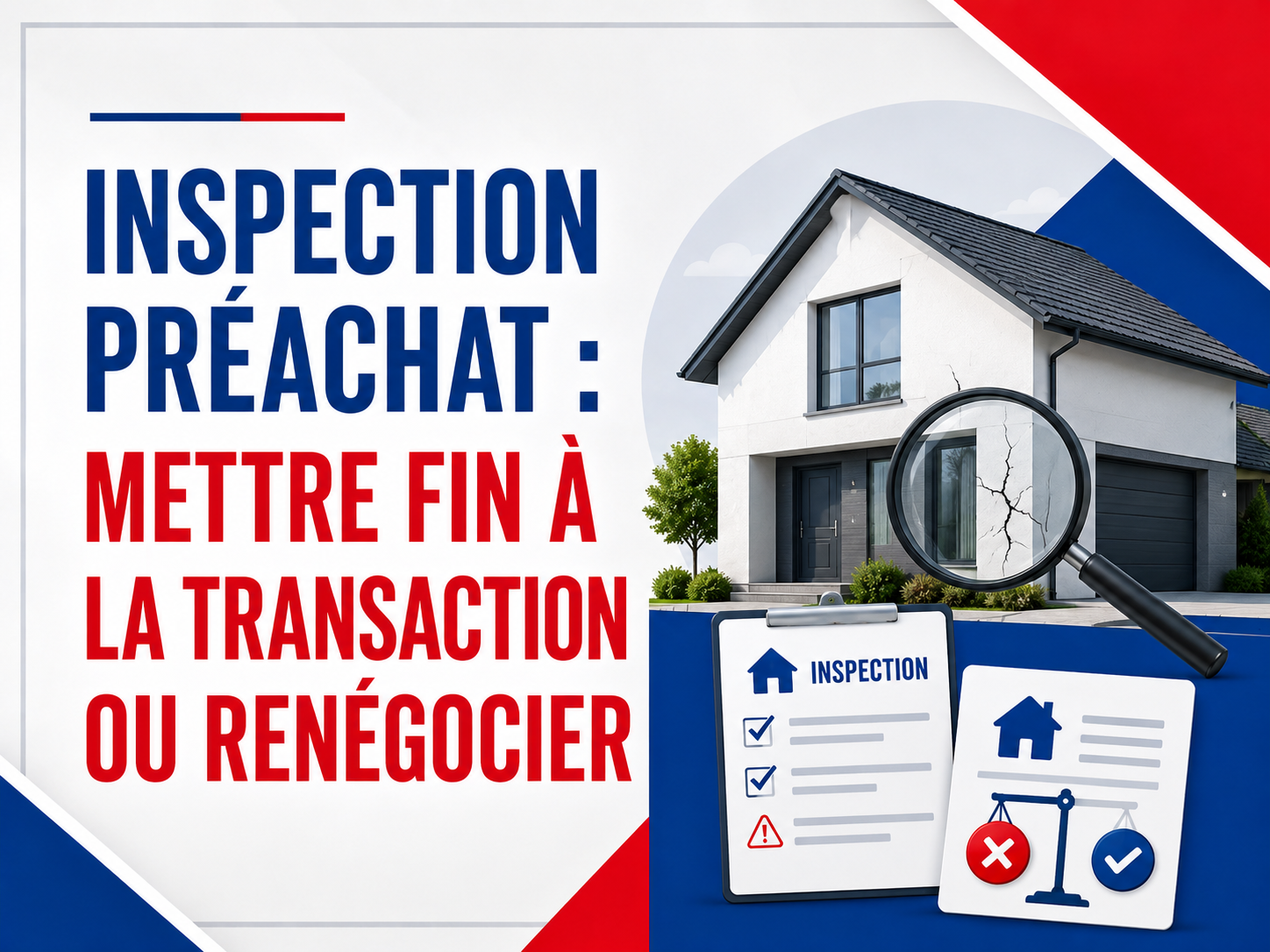 Illustration d'une inspection préachat : maison examinée à la loupe avec liste de vérification et choix entre annuler ou renégocier la transaction