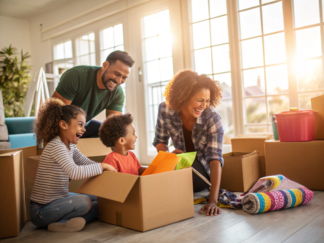 Famille heureuse emménageant dans leur nouvelle maison à Québec